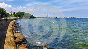 Beautiful color of water in the bay by the breakwater in the seaside city of Gdynia.