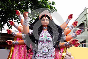 Beautiful colored Idol of Hindu Goddess Durga during Bengal`s Durga Puja festival