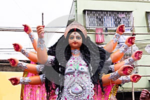 Beautiful colored Idol of Hindu Goddess Durga during Bengal`s Durga Puja festival