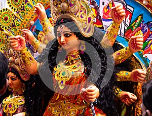 Beautiful colored Idol of Hindu Goddess Durga during Bengal`s Durga Puja festival