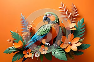a beautiful colored parrot sits on a branch with flowers, 3D.