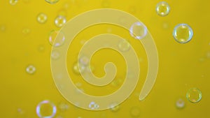 Beautiful colored soap bubbles fly indoors on a yellow background. Round bubbles flying in the air and sparkling with