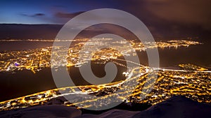 Aerial view of a winter storm approaching the city Tromso, Norway