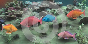 Beautiful colorful aquarium fish, underwater life, tropical fish, decorative illustrations ai Generated, generative AI, CGI