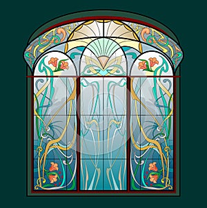 Beautiful colorful Art Nouveau stained glass window. Exclusive offer for luxury interior. Jugendstil architectural style.