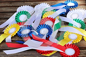 Beautiful colorful awards on the table to the winners of the races