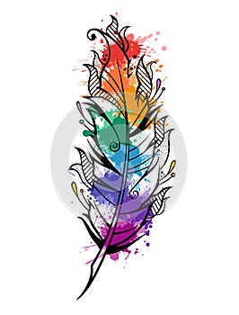 Beautiful colorful bird feather with watercolor paints vector illustration