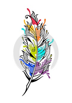 Beautiful colorful bird feather with watercolor paints vector illustration