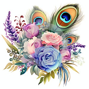 beautiful colorful bouquet peacocks feather clipart illustration