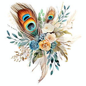 beautiful colorful bouquet peacocks feather clipart illustration