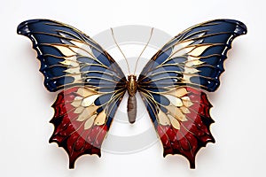 Beautiful colorful bright multicolored jewelry butterfly with wings spread in flight isolated on white background, close-up macro