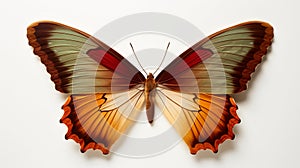 Beautiful colorful bright tropical butterflies with wings spread in flight isolated on white background, close-up macro