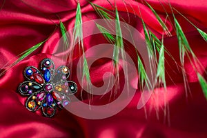 Beautiful colorful brooch pin on red background with green grass