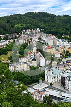 Beautiful colorful buildings in traditional spa town of Karlovy Vary, Czech Republic