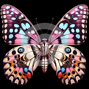 A beautiful colorful butterfly, is painted in spotted wings, thick dabs, aesthetic art, logo, fashion, black background photo