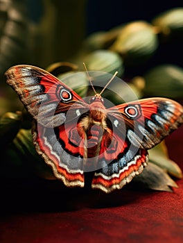 Beautiful, colorful butterfly is perched on green plant. The butterfly has red and blue wings with black spots, making