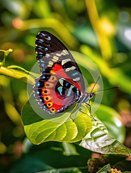 Beautiful, colorful butterfly is perched on leaf in middle of lush green environment. The butterfly has red and blue