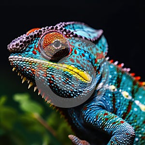 Beautiful colorful chameleon , chameleon on branch, chameleon on dark baground, closeup
