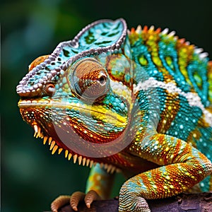 Beautiful colorful chameleon , chameleon on branch, chameleon on dark baground, closeup