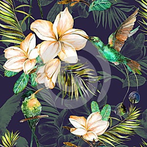 Beautiful colorful colibri and plumeria flowers on dark background. Exotic tropical seamless pattern. Watecolor painting.