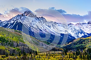 Beautiful and Colorful Colorado Rocky Mountain Autumn Scenery. Mt. Sneffels in the San Juan Mountains at Sunrise