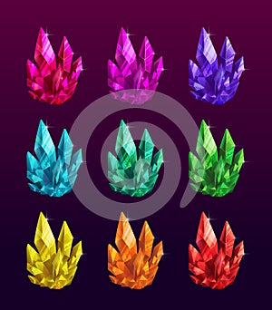 Beautiful colorful crystals set. Ruby, emerald, sapphire, brilliant gemstones.