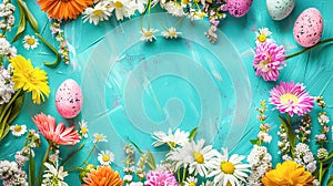 Beautiful colorful Easter banner. Frame from aster and daisy flowers of various colors Easter eggs on blue turquoise wood