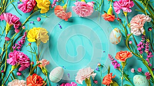Beautiful colorful Easter banner. Frame from carnation flowers of various colors Easter eggs on blue turquoise wood background