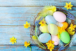 Beautiful colorful Easter eggs in nest, feather and spring flowers on rustic table top view. Holiday card or banner
