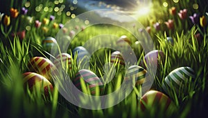 a Beautiful Colorful Easter Eggs Springtime Grass Holiday Flowers Spring Backyard bunnies painted basket lawn flowers decorated