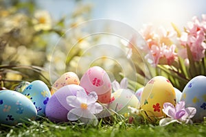 Beautiful colorful eggs and flowers in spring grass meadow over blue sky with sun