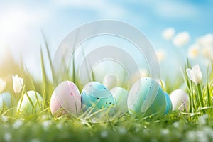 Beautiful colorful eggs and flowers in spring grass meadow over blue sky with sun