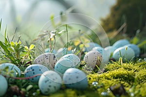 Beautiful colorful eggs and flowers in spring grass meadow over blue sky with sun