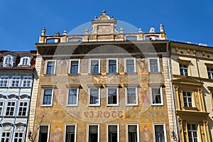 Beautiful colorful facede from Mikolas Ales on old V. J. Rott building from 1890 at Male namesti near the Old Town Square, Prague
