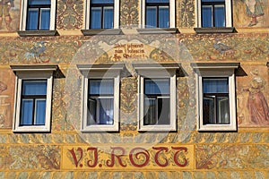 Beautiful colorful facede from Mikolas Ales on old V. J. Rott building from 1890 at Male namesti near the Old Town Square, Prague