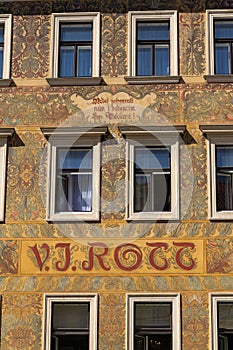 Beautiful colorful facede from Mikolas Ales on old V. J. Rott building from 1890 at Male namesti near the Old Town Square, Prague