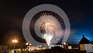 beautiful colorful fireworks on the background and celebrate new year party