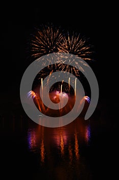 Beautiful colorful fireworks on water. Brno dam. International Fireworks Competition Ignis Brunensis. Brno - Czech Republic - Euro