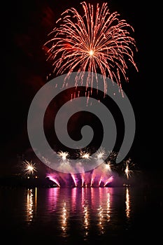 Beautiful colorful fireworks on water. Brno dam. International Fireworks Competition Ignis Brunensis. Brno - Czech Republic - Euro