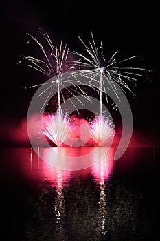 Beautiful colorful fireworks on water. Brno dam. International Fireworks Competition Ignis Brunensis. Brno - Czech Republic - Euro