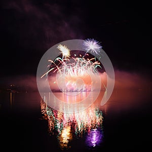 Beautiful colorful fireworks on water. Brno dam. International Fireworks Competition Ignis Brunensis. Brno - Czech Republic - Euro