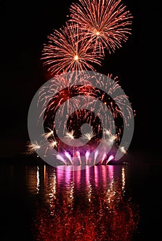 Beautiful colorful fireworks on water. Brno dam. International Fireworks Competition Ignis Brunensis. Brno - Czech Republic - Euro