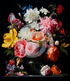 Beautiful colorful flowers arrangement on black art painting.