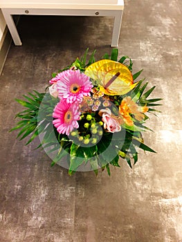 Beautiful colorful flowers bouquet on the floor