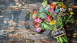 Beautiful colorful flowers bouquet over rustic wood background
