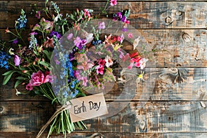 Beautiful colorful flowers bouquet over rustic wood background