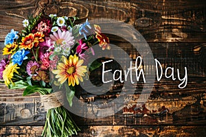 Beautiful colorful flowers bouquet over rustic wood background