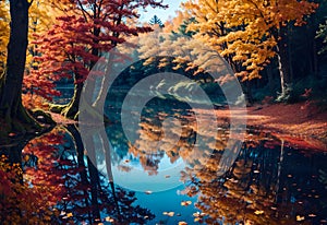 Beautiful colorful forest and water reflection in nature park,autumn landscape Generated by Ai
