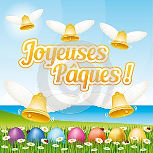 Beautiful and colorful French Happy Easter greeting card II with easter eggs and bells.