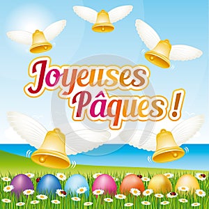 Beautiful and colorful French Happy Easter greeting card III with easter eggs and bells.